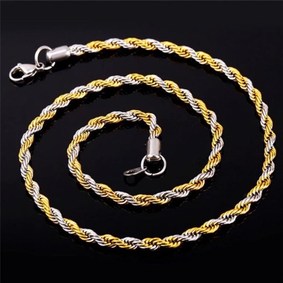 20 Mens 18K Gold Diamond Cut Rope Chain Necklace Two Tone Silver